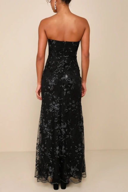 Flowering Girl Women Sequin Print Strapless Bustier Maxi Dress In Black