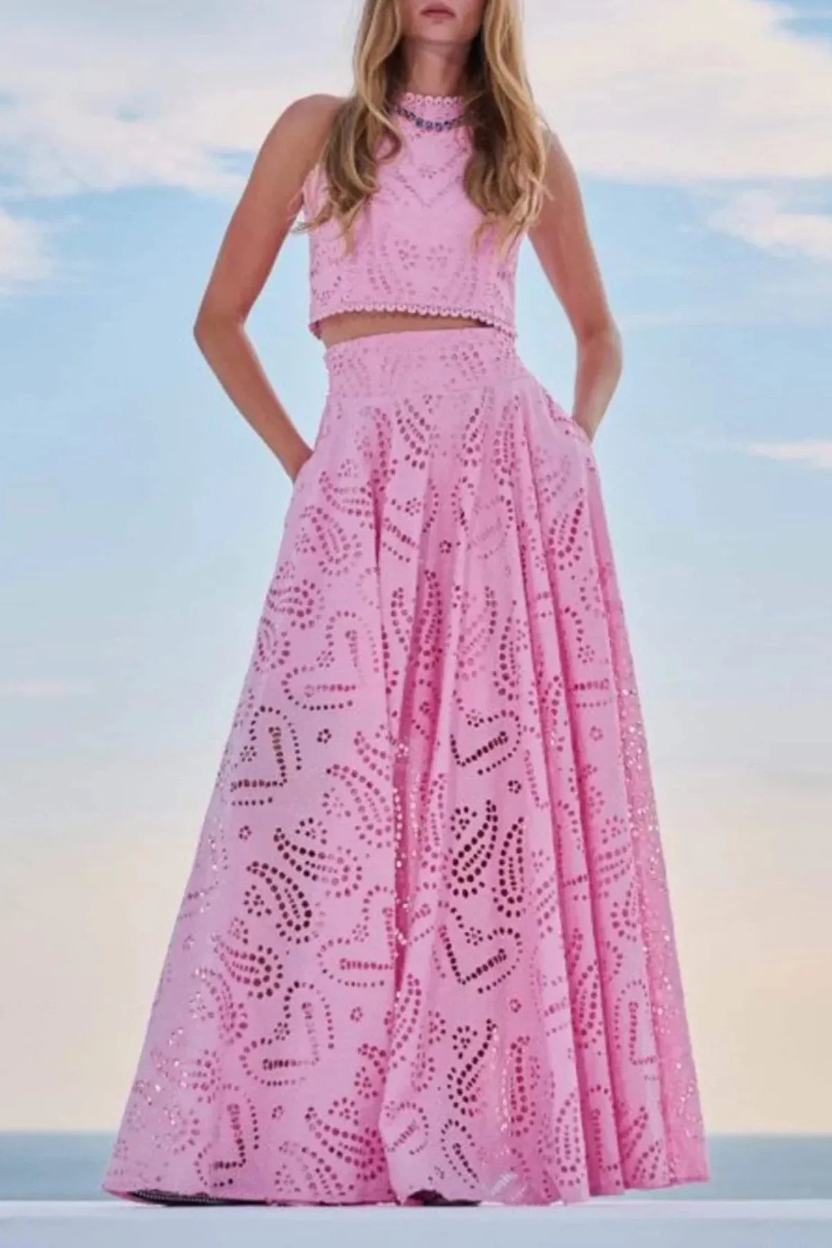 Eyelet Lace Top and Maxi Skirt Set