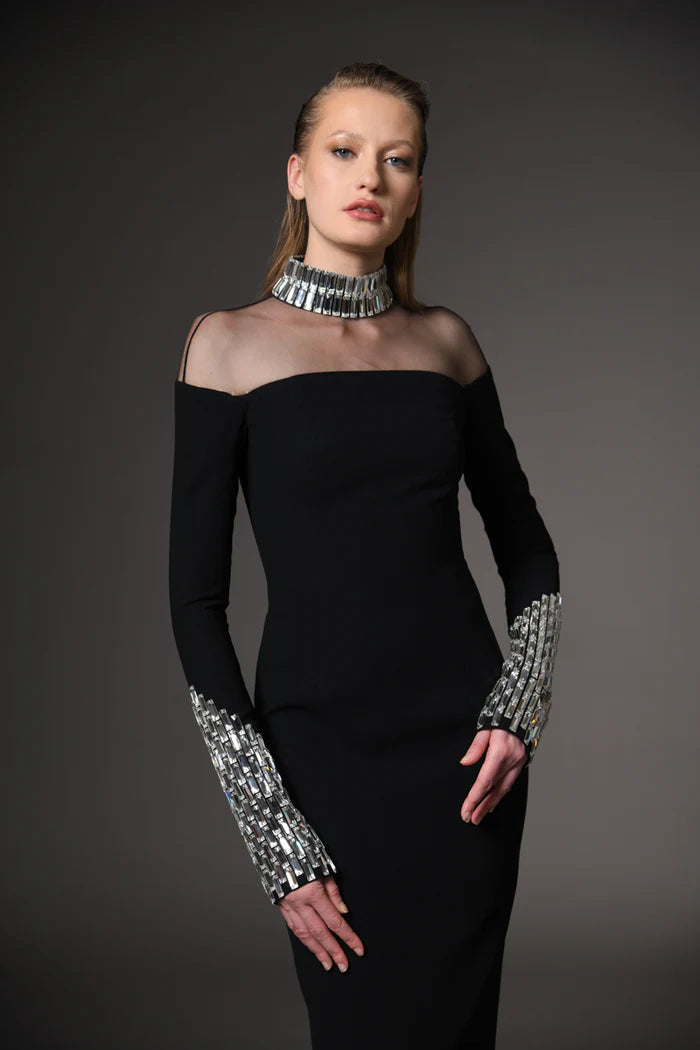 Flowering Girl Women crystal embellishments Black crêpe maxi dress
