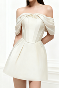 Flowering Girl Women Embroidery A-Line Off-Shoulder Polyester Mini Dress In Beige