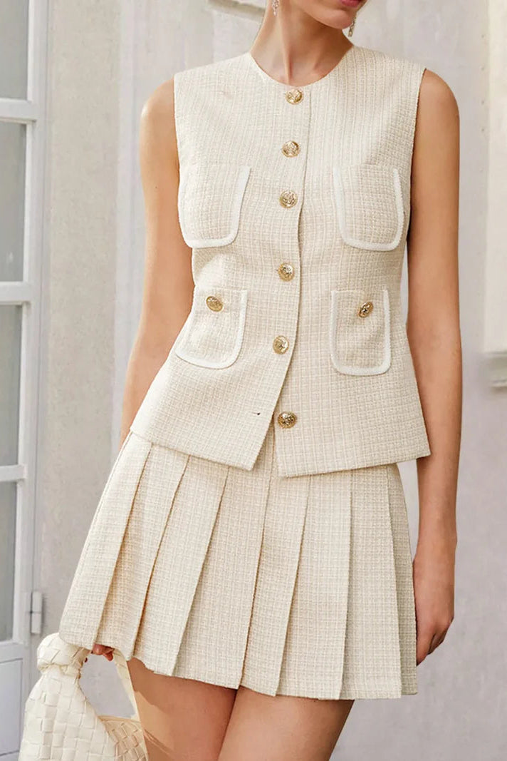 Flowering Girl Women Celeste Tweed Button-Front Vest Pleated Skirt Set In Apricot