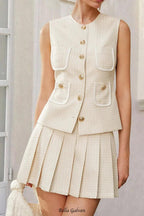 celeste Tweed Button-Front Vest Pleated Skirt Set in apricot