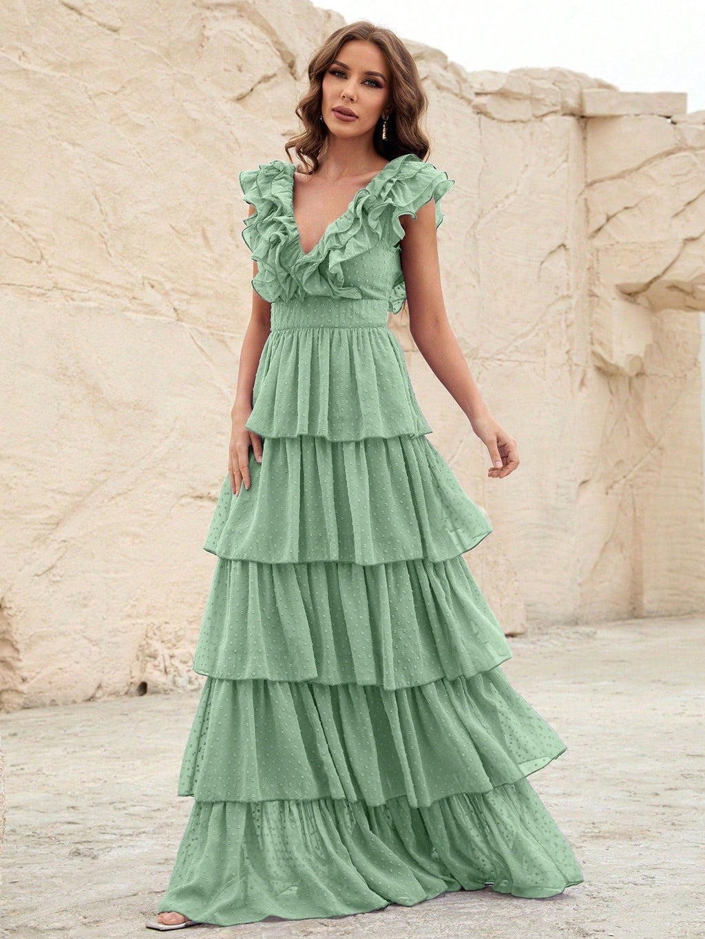 Flowering Girl Women Ruffle Trim Layered Hem Swiss Dot Chiffon Dress