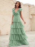 Flowering Girl Women Ruffle Trim Layered Hem Swiss Dot Chiffon Dress