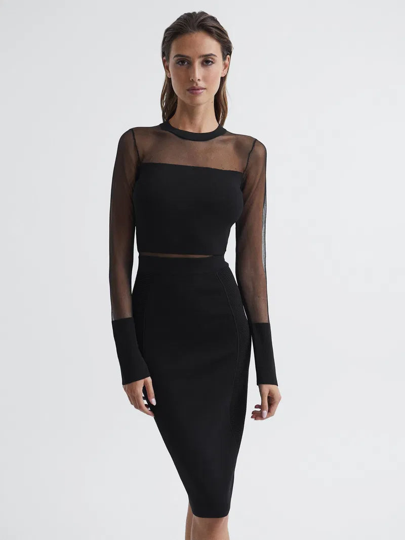 Flowering Girl Women lyla knitted sheer sleeve midi dress in black