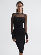 Flowering Girl Women lyla knitted sheer sleeve midi dress in black