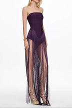 Helen Bodysuit Fringe Strapless Mini Dress In Purple