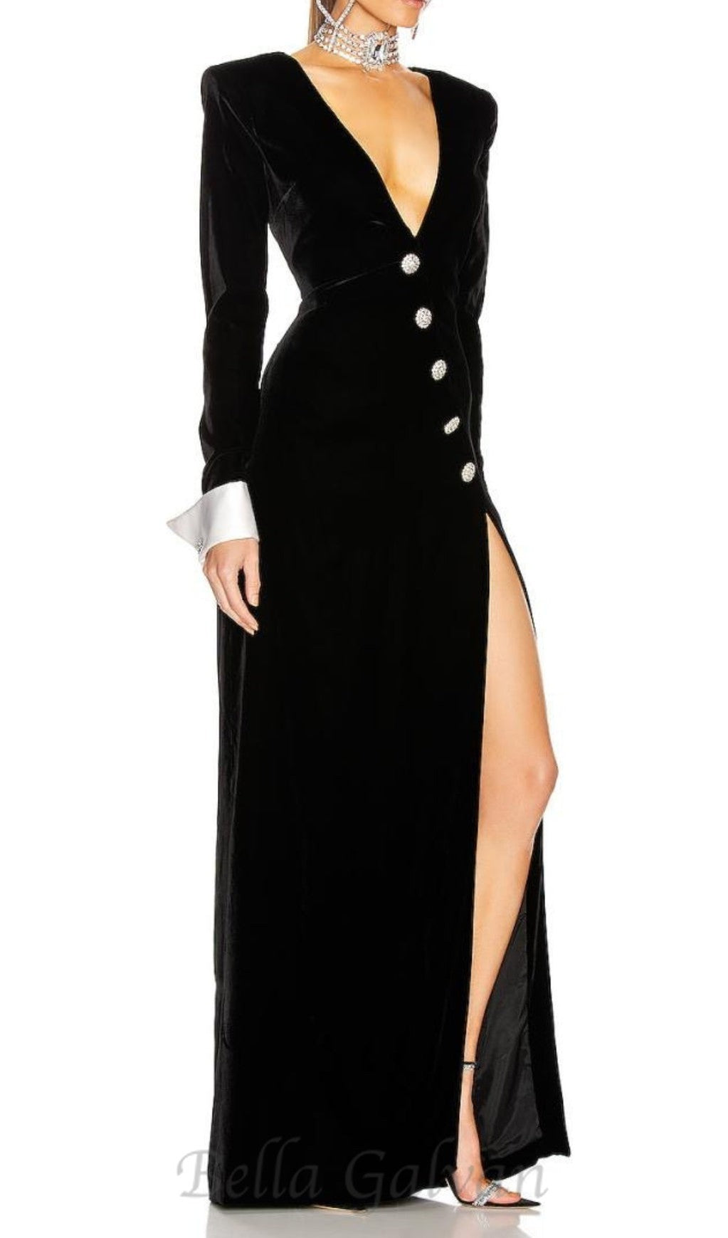 Flowering Girl Women CROWN BLACK LONG SLEEVE V-NECK MAXI DRESS