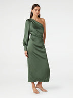 Flowering Girl Women one-shoulder Long Sleeve Midi Dress in green