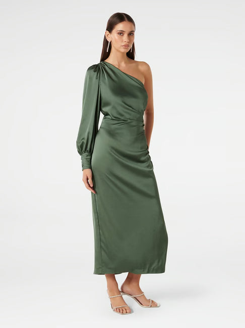 Flowering Girl Women one-shoulder Long Sleeve Midi Dress in green