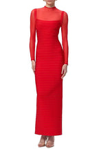 tina Red long-sleeve mesh see-through bandage maxi dress