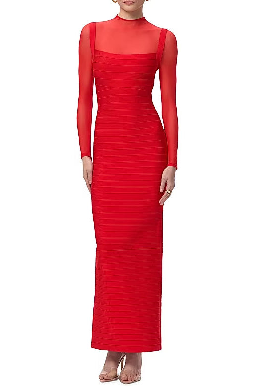 Tina Red Long-Sleeve Mesh See-Through Bandage Maxi Dress
