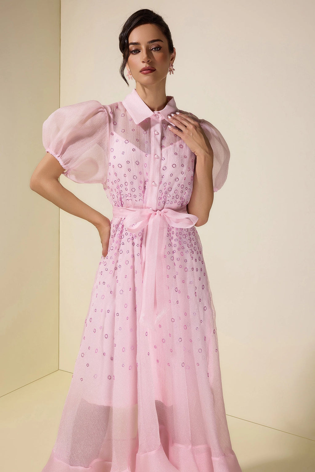 Flowering Girl Women sylvia Rhinestone Puff Sleeve Maxi Dress With Belt - pink