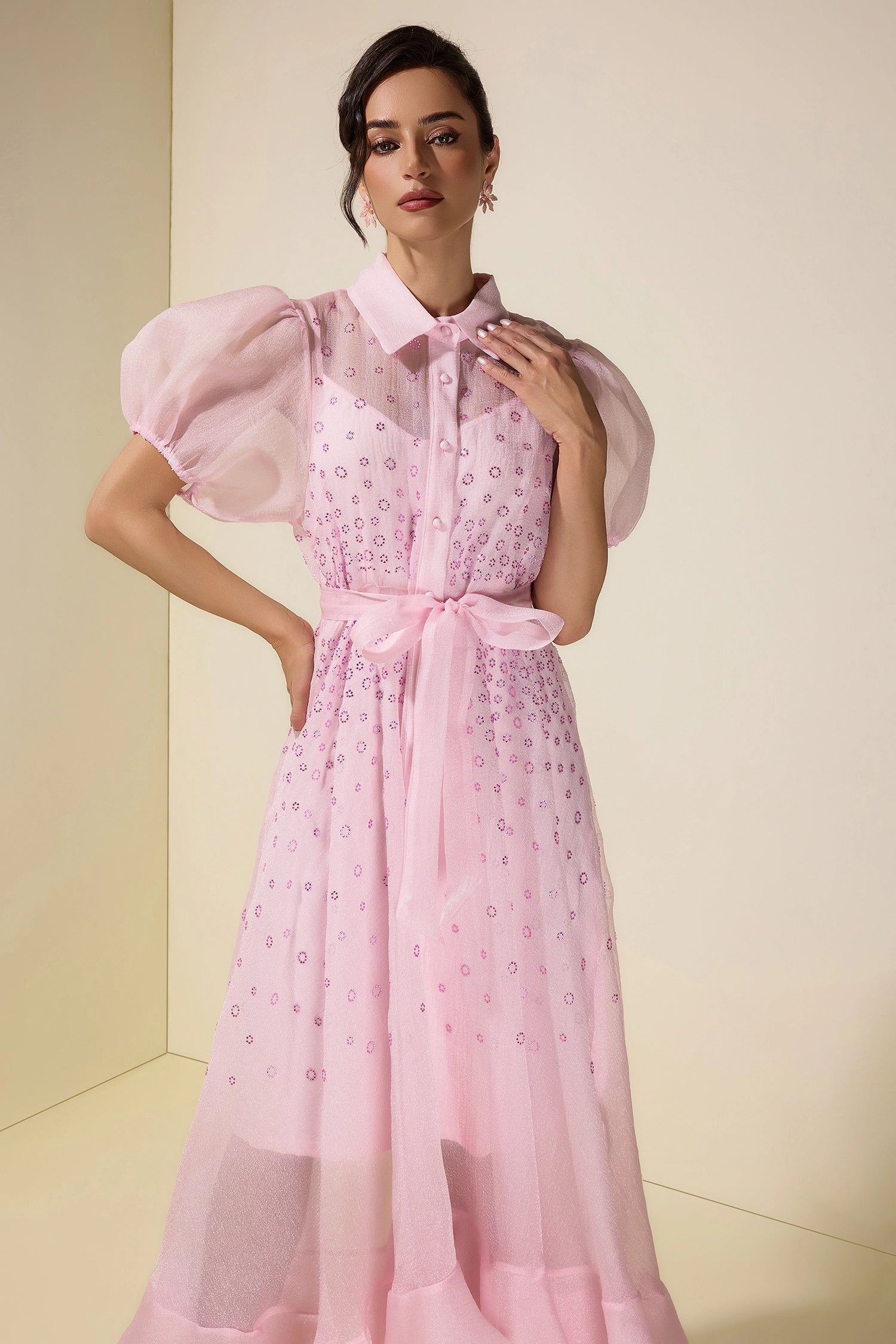 Flowering Girl Women sylvia Rhinestone Puff Sleeve Maxi Dress With Belt - pink