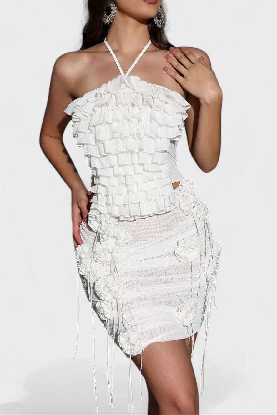 Flowering Girl Women Helen Halter Ruched Mesh Floral Mini Dress In White