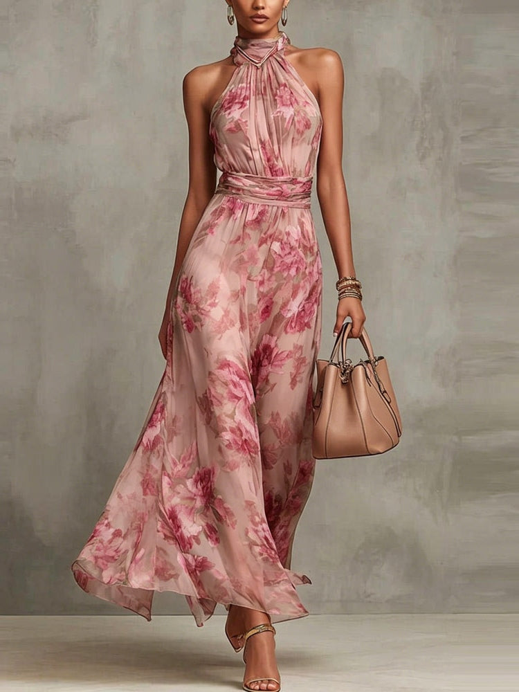 Flowering Girl Women Green Floral Chiffon Halter Maxi Dress