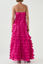 Cathy Pleated Layer Strapless Maxi Dress In Rose Red