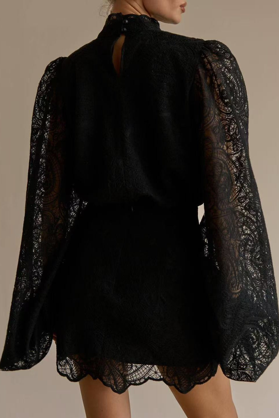Flowering Girl Women Black Lace Ruffle Neck Puff Sleeve Top & A-Line Skirt Two-Piece Set
