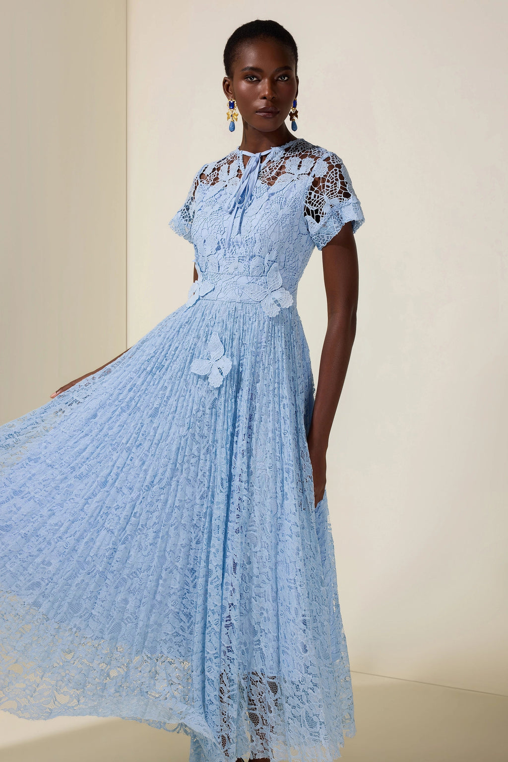 Flowering Girl Women selena Lace Butterfly Pleated Midi Dress - blue