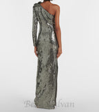 Flowering Girl Women Floral-appliqué sequin gown in silver