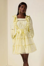 Flowering Girl Women victoria Embroidered hollow Ruffle Mini Dress - yellow