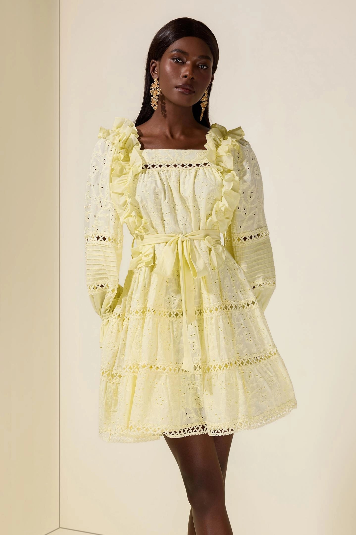 victoria Embroidered hollow Ruffle Mini Dress - yellow