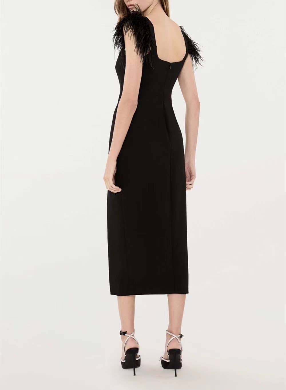 Flowering Girl Women Feather Trim Bandage Midi Dress