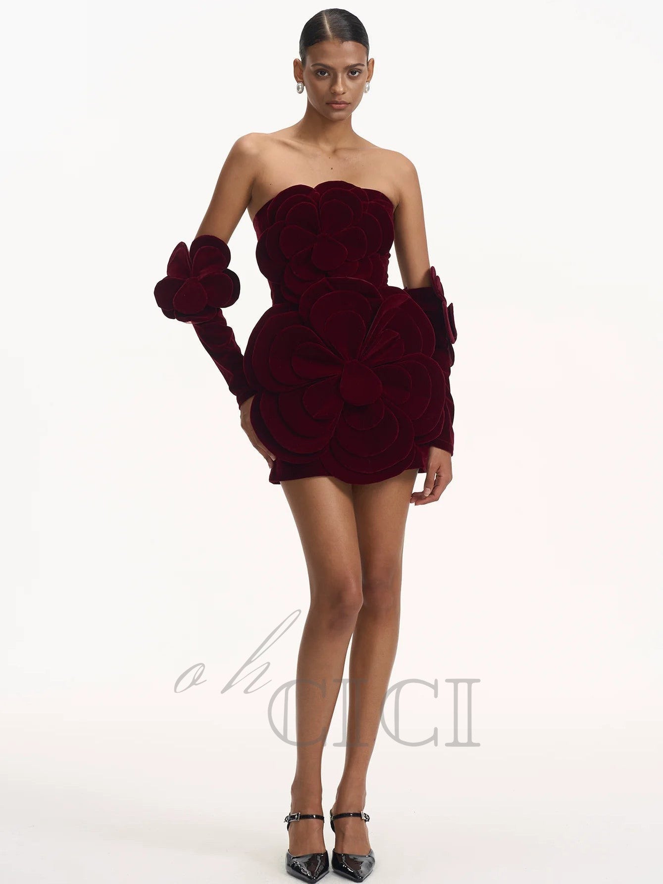 Flowering Girl Women Flower-embellished Velvet Mini Dress in burgundy
