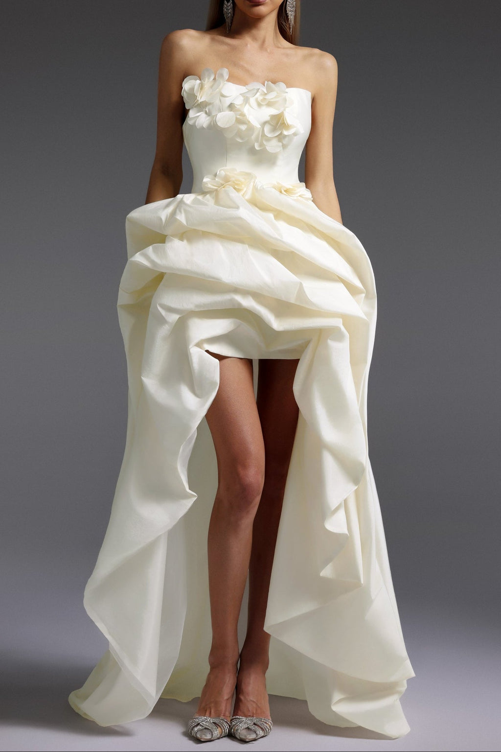 Flowering Girl Women Strapless 3D Floral High Low Satin Evening Gown