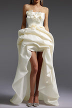 Flowering Girl Women Strapless 3D Floral High Low Satin Evening Gown