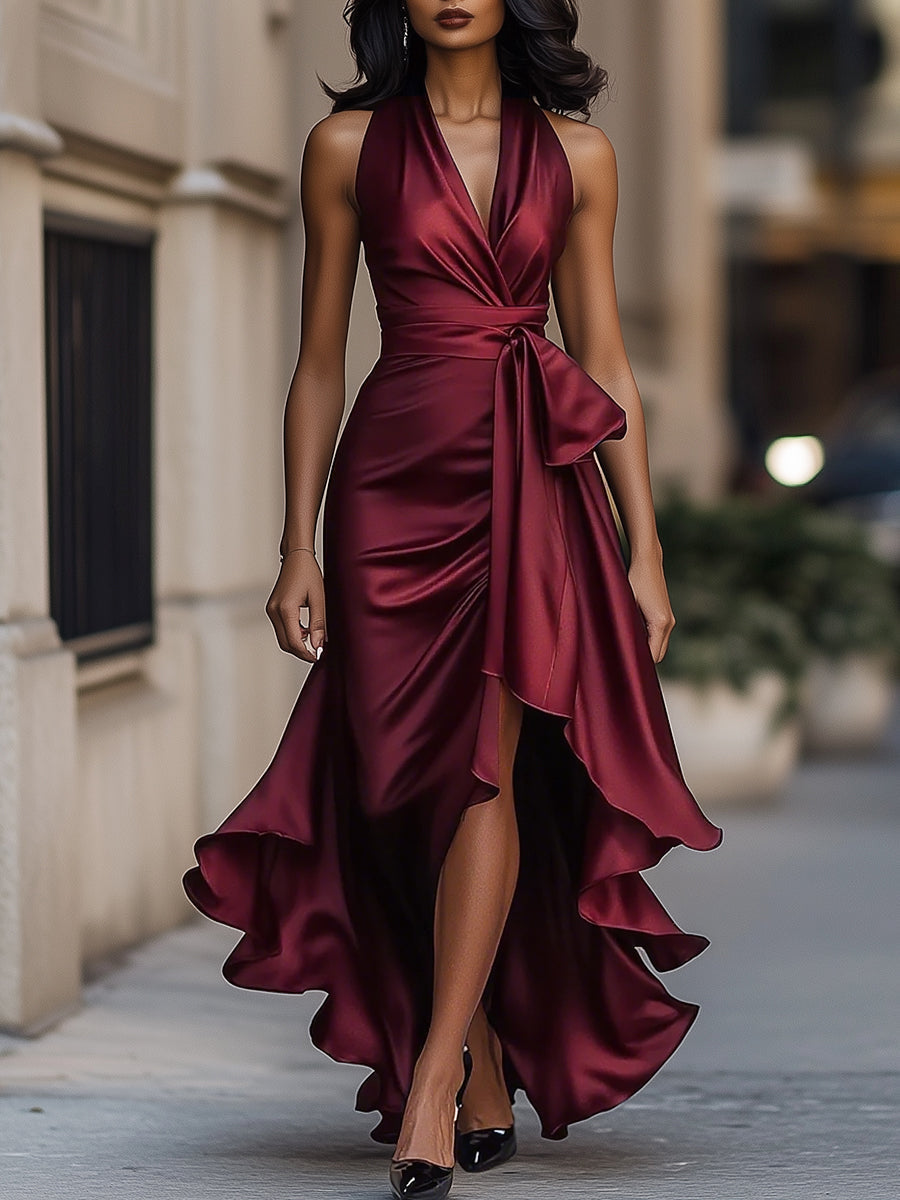 Flowering Girl Women Midnight Elegance Satin Halter Ruffle Gown