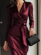 Timeless Burgundy Satin Wrap Dress With Waist Tie Detail
