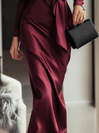 Timeless Burgundy Satin Wrap Dress With Waist Tie Detail