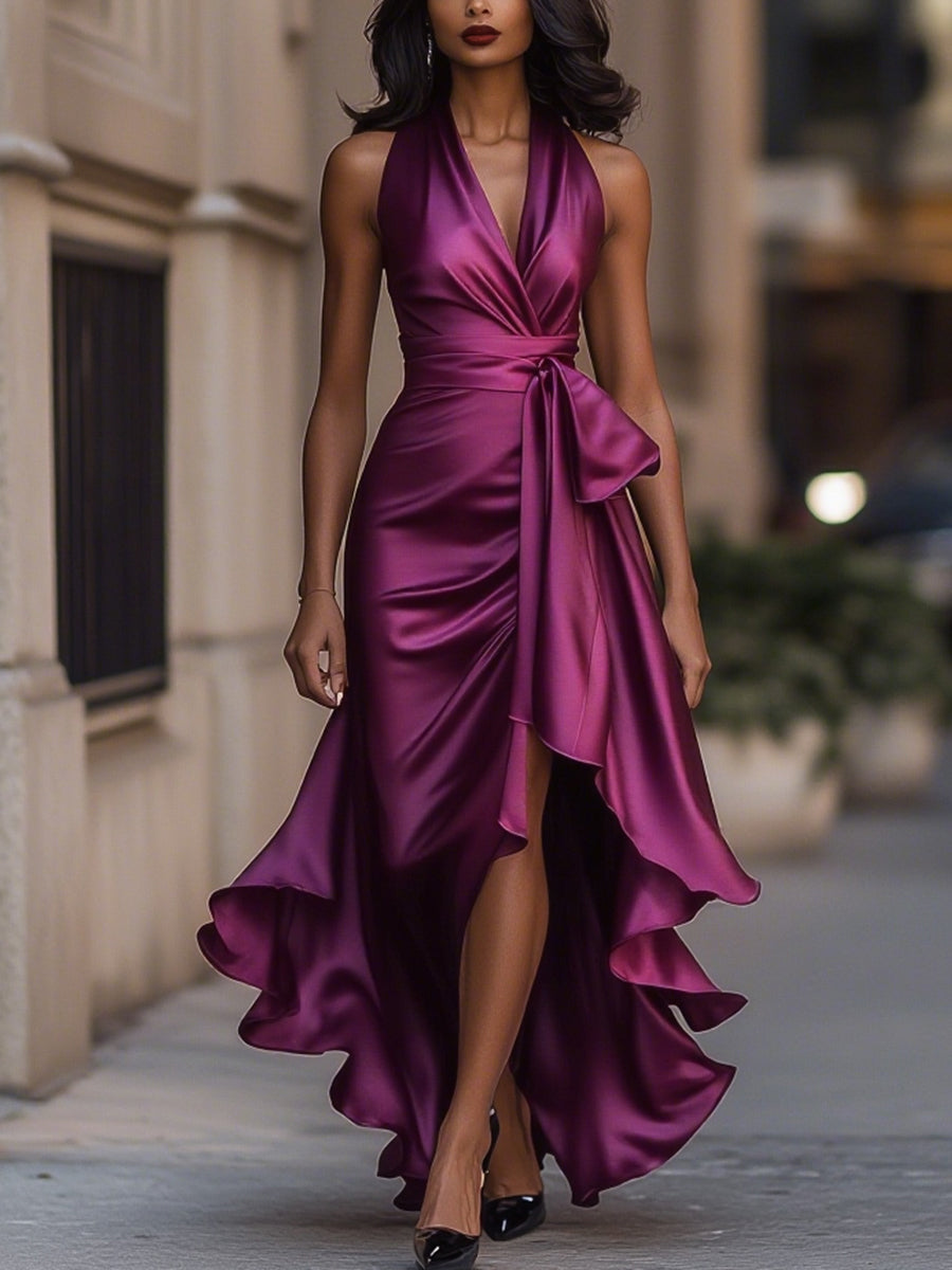 Flowering Girl Women Midnight Elegance Satin Halter Ruffle Gown