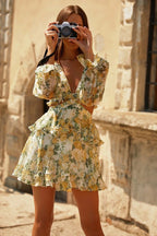Flowering Girl Women Chiffon Printed V-Neck Waistless Dress