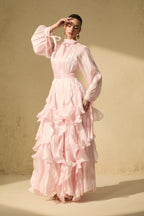 pandora Puff Sleeve Ruffle Trim Maxi Dress in pink