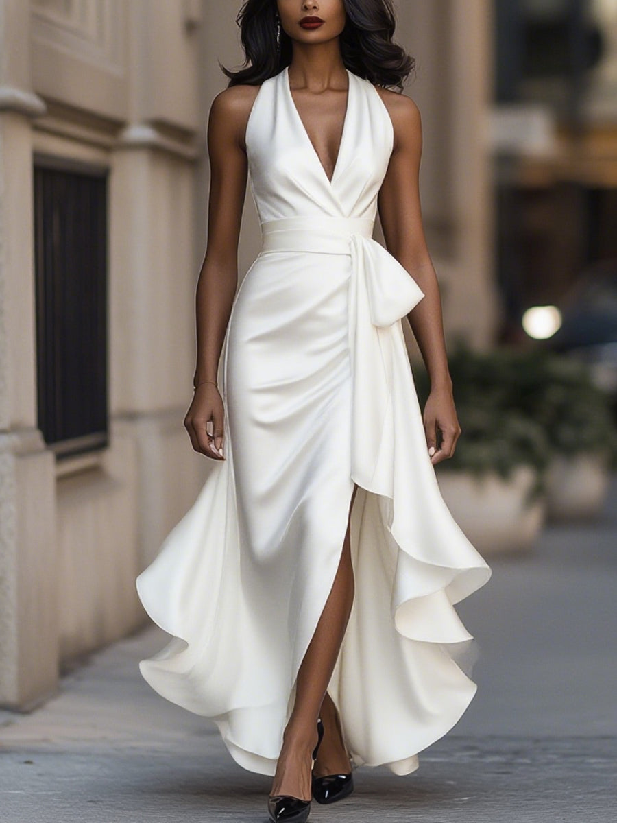 Flowering Girl Women Midnight Elegance Satin Halter Ruffle Gown