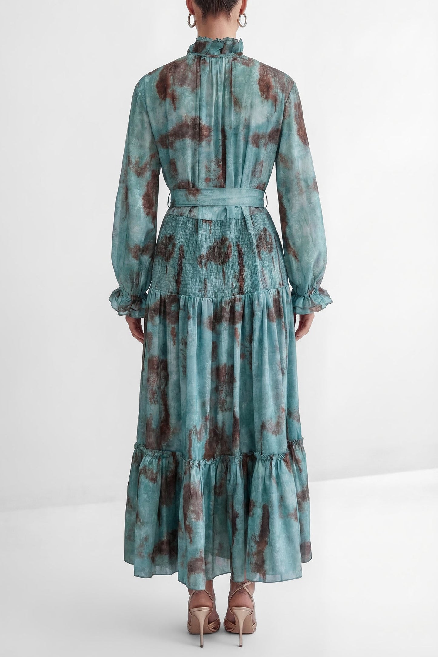 kristin Teal Printed Tiered Ruffle Maxi Dress - green