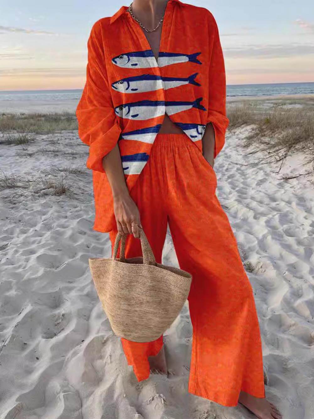Flowering Girl Women Unique Casual Print Loose Oversized Shirt Wide-Leg Pants Set
