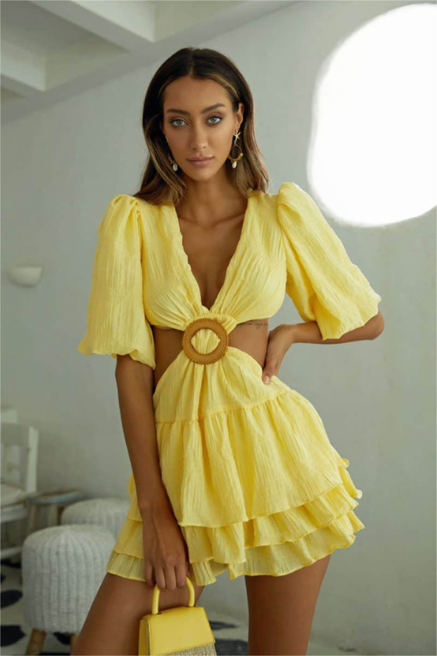 Flowering Girl Women Lantern Short Sleeve V-Neck Waistless Mini Dress