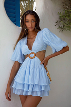 Flowering Girl Women Lantern Short Sleeve V-Neck Waistless Mini Dress