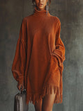 Flowering Girl Women Orange Corduroy Loose Tassel Hem High Collar Dress