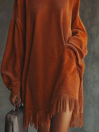 Flowering Girl Women Orange Corduroy Loose Tassel Hem High Collar Dress