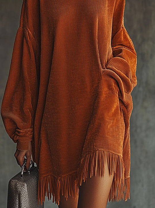 Flowering Girl Women Orange Corduroy Loose Tassel Hem High Collar Dress