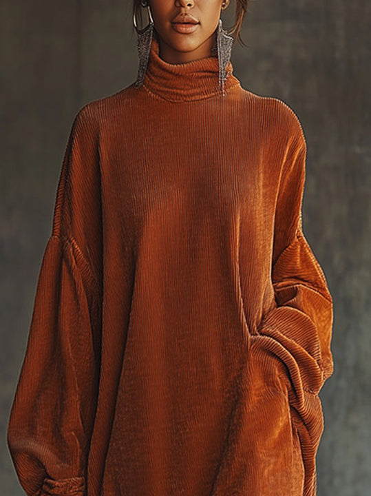 Flowering Girl Women Orange Corduroy Loose Tassel Hem High Collar Dress