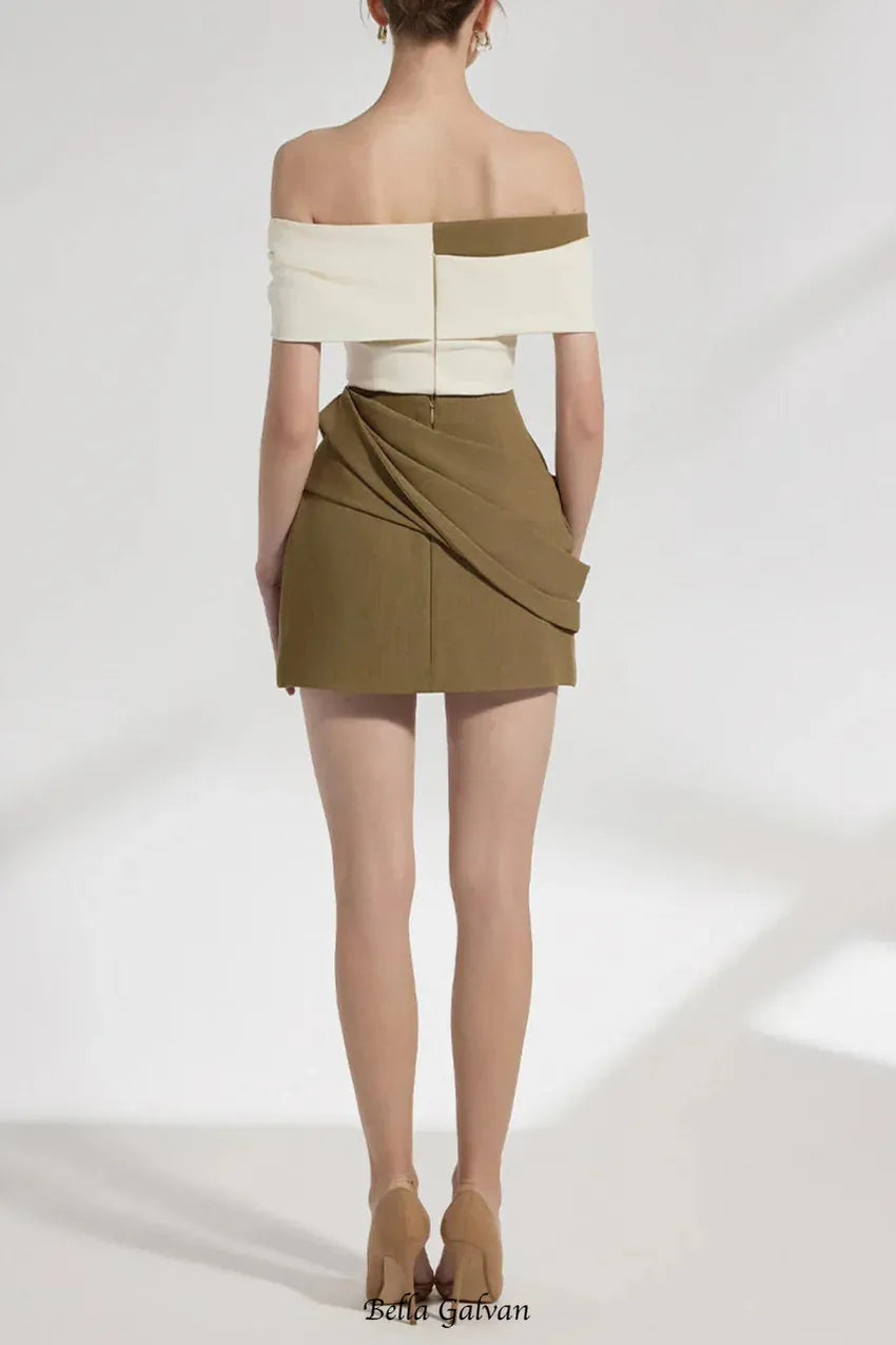 marjorie A-line Pleated Cotton Twill Mini dress in kahki