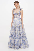Flowering Girl Women Floral Sweetheart Neck Frill Maxi Dress