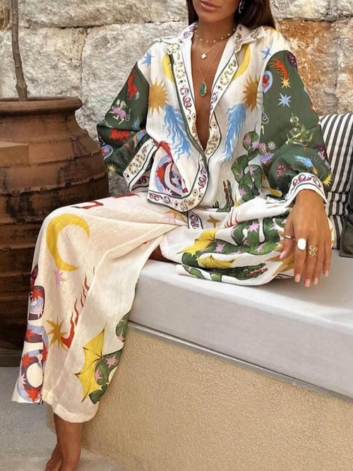 Flowering Girl Women Beauty Unique Print Long Sleeve Shirt And Elastic Waist Pants Set