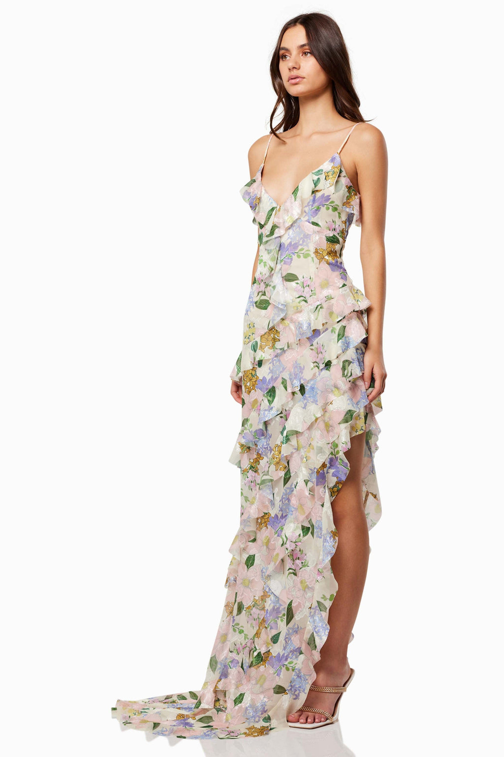 Flowering Girl Women Floral V-Neck Frill Slip Maxi Dress