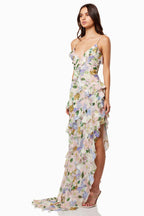 Flowering Girl Women Floral V-Neck Frill Slip Maxi Dress